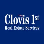 A blue background with white text that says clovis 1 st real estate services.